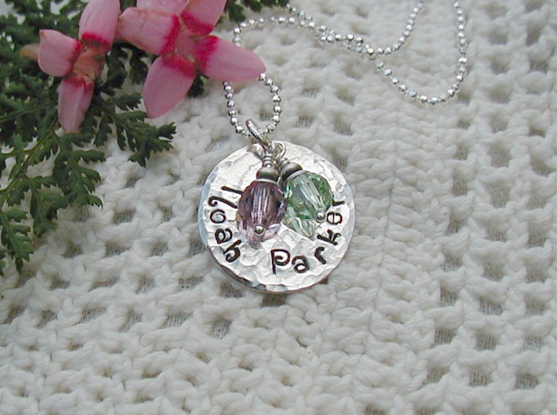 Sterling Silver Personalized TWO NAME with Birthstone Crystals Necklace for  Mom, Mommy Necklace, New Baby,  on Sterling Silver Chain