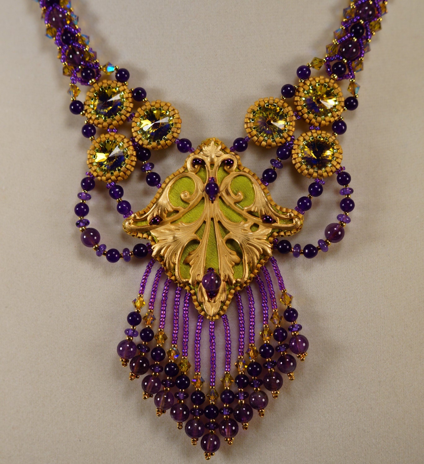 Persian Princess Parure Jewelry Set, purple, gold, green, beadwork, fringe