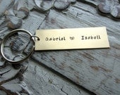 Brass Hand Stamped Keychain, Children's Names with Heart in Middle, Long Rectangle, Father's Day Gift Idea