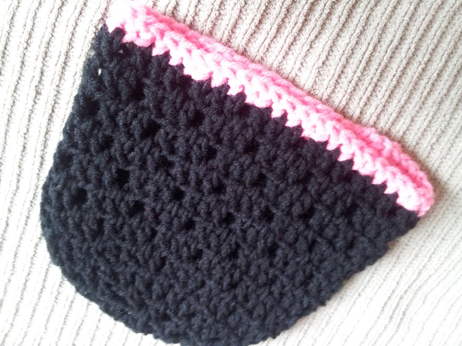 SALE Pigtail Beanie, Open Crochet - Black and Pretty N Pink - TFI - FREE Shipping