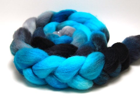 Handpainted Falkland Wool Roving - Stormfront- 4 oz Turquoise Silver