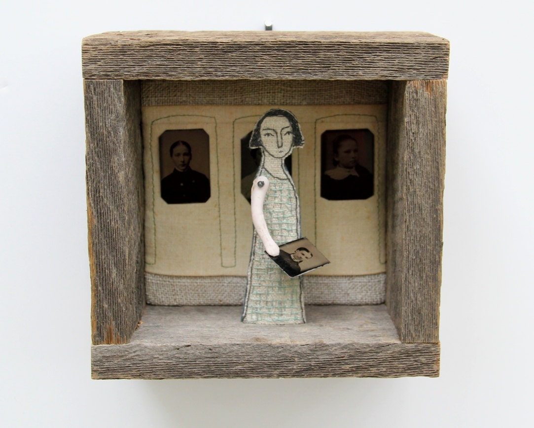 hand embroidery diorama- girl with tintypes textile art fiber art