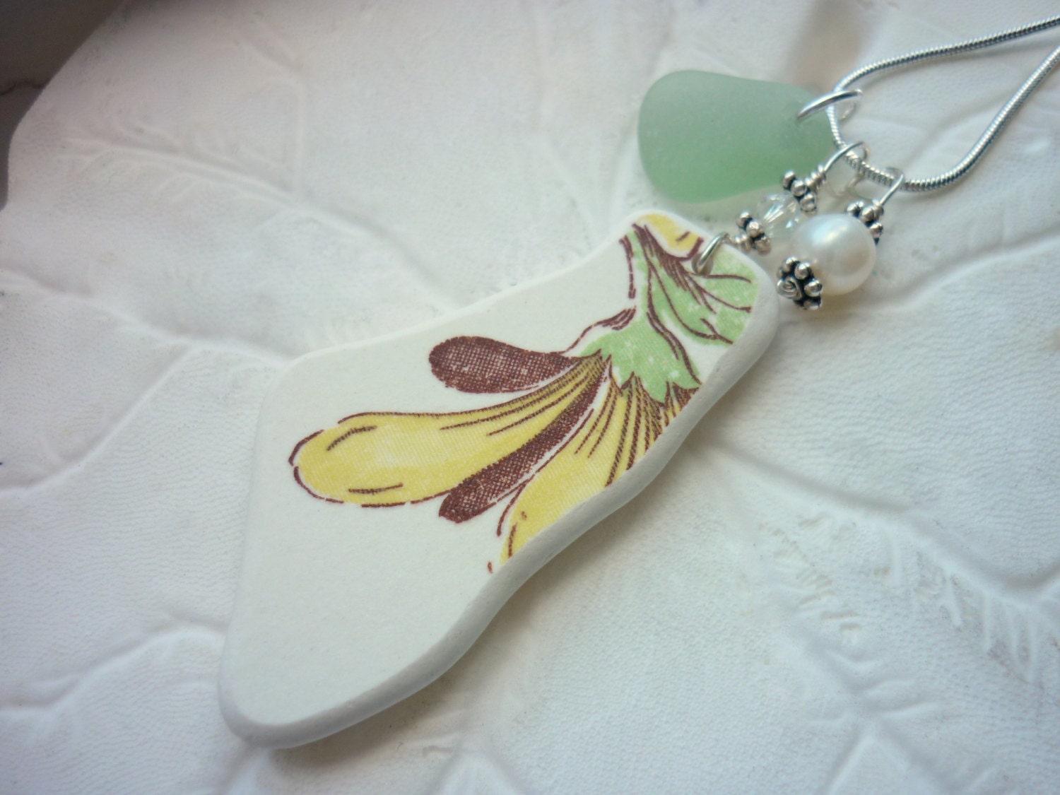 Sea Glass Necklace - Yellow Flower Beach Seaglass Pottery