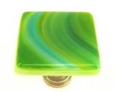Green Glass Knobs with Turquoise and Green Swirls Fused Art Glass