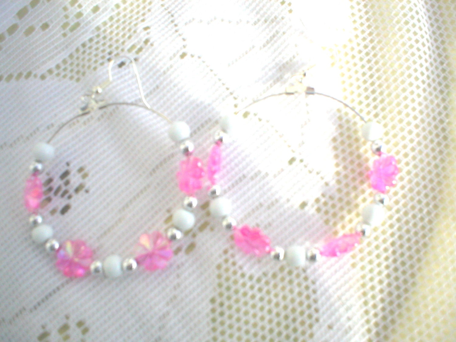 Dazzling Large Hoop Pieerced Earrings Pink White and Silver Beaded Flower Pink Vintage Beads Unique Handmade Jewelry