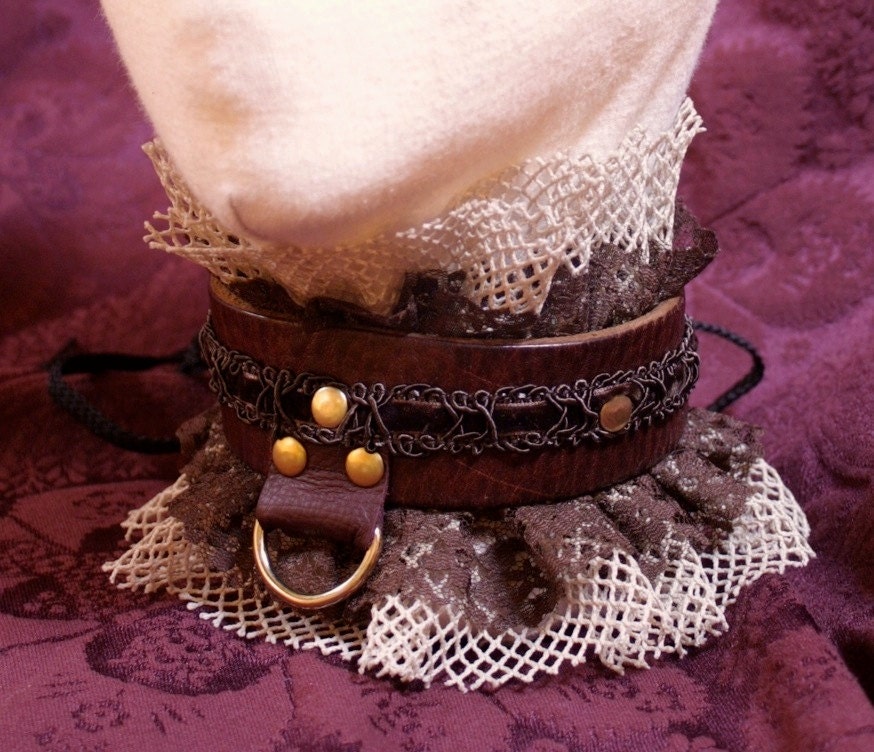 Steampunk Collar- Victorian Ruffle Choker, stylish Fetish Brown Leather & Lace Slave collar made to ordercorset lacing-