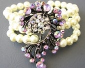 Bridal Jewelry Pearl Cuff Bridal Bracelet Wedding Jewelry Rhinestone Statement Bracelet Purple Bracelet