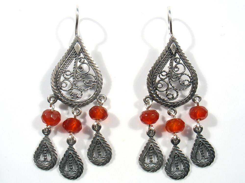 Silver long oxidized  filigree Chandelier and stones- Dance with me