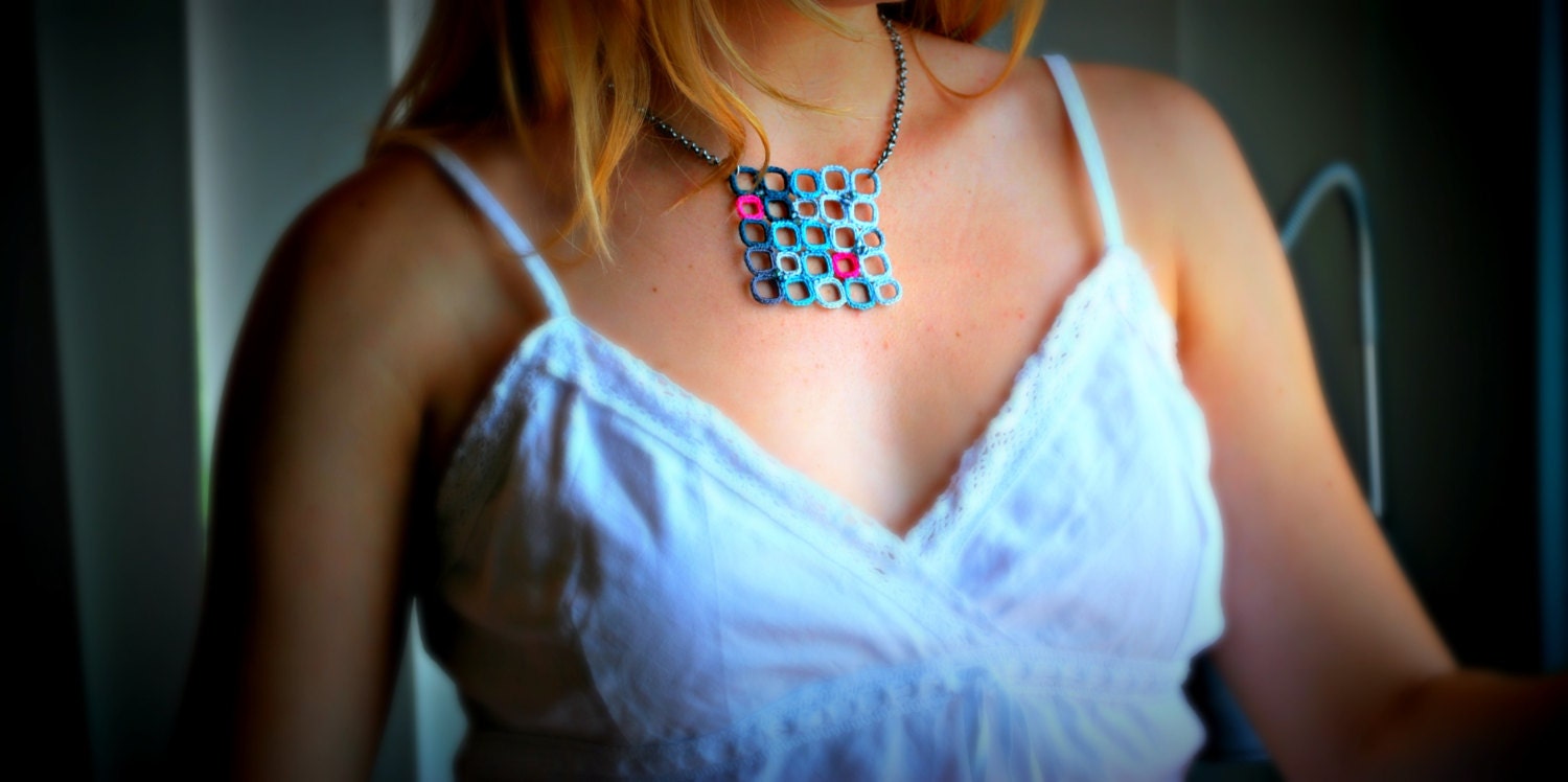 Blue Squares Beaded Crochet Necklace. Color Block. Mosaic. Geometric. Cluster. Ombre