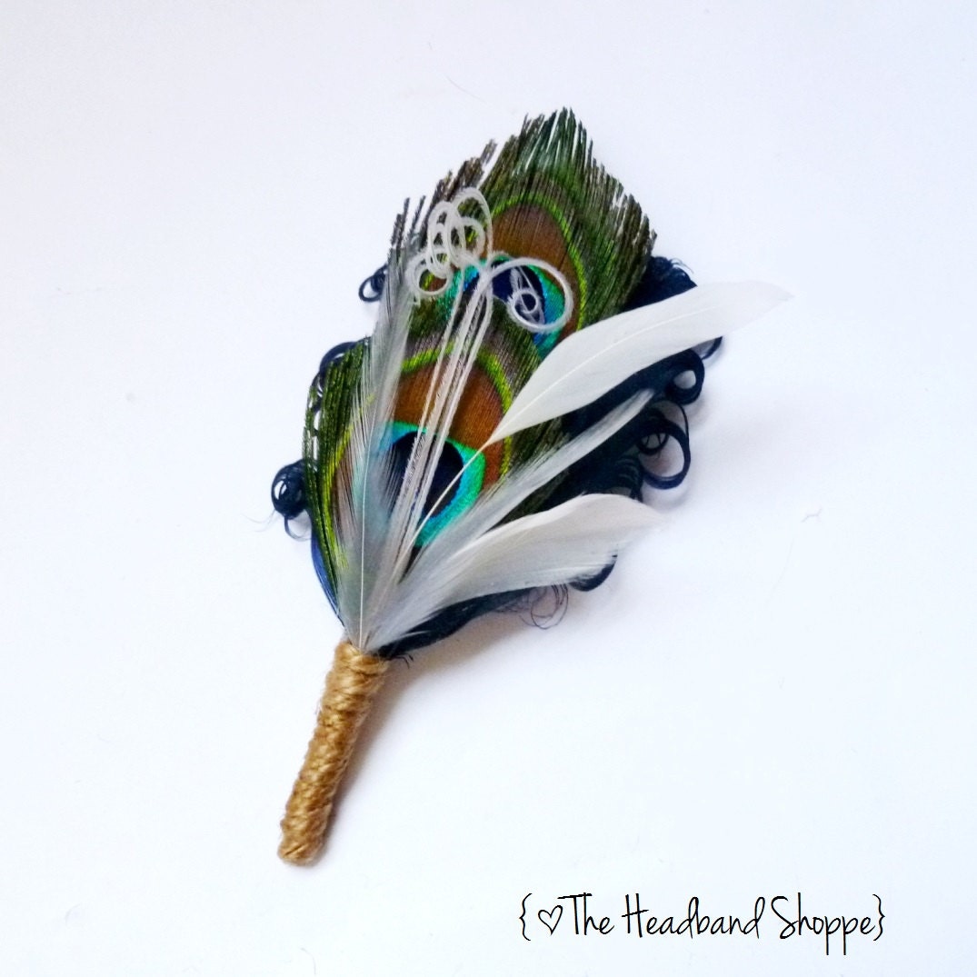 ECHO Groom's Peacock Feather Boutonniere - Custom Designed in Navy Blue and Ivory with Twine Wrap