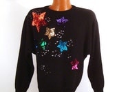 SALE Gem Sweater Vintage 1980s Jeweled Sequin Stars S In Charge