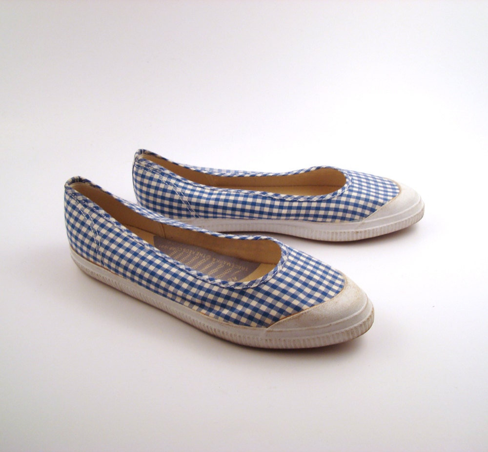 Keds Canvas Sneakers Vintage 1991 Champions Blue and White Gingham Check Plaid Women's size 8 1/2