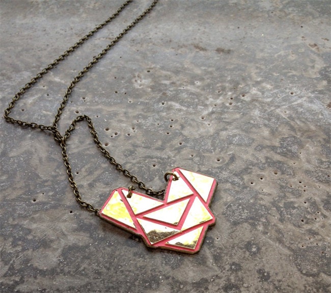 Sale -  HEART - paper, wood, vinyl, brass necklace
