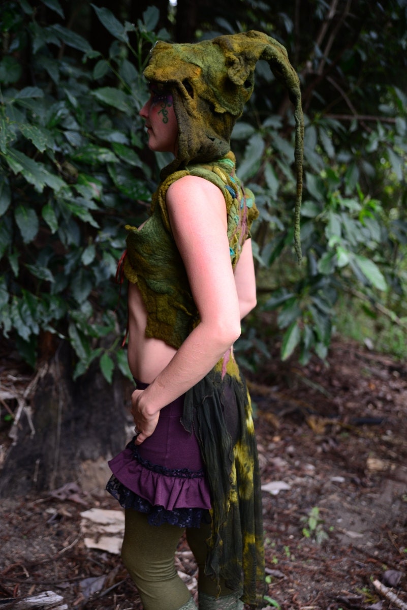 Felt Melted Moss Green Spirit Tree Of Life Silk Train Hooded Pixie Vest OOAK