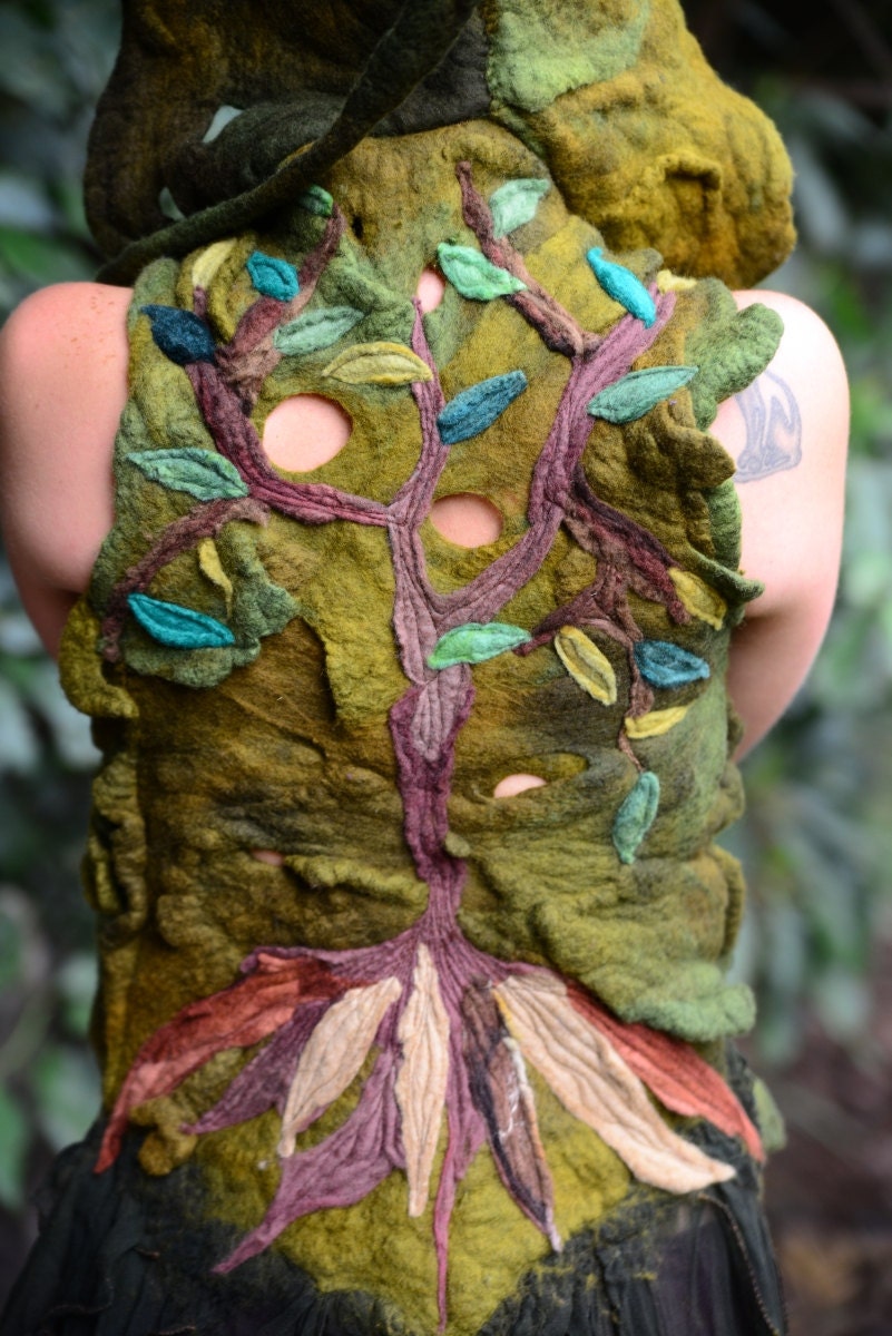 Felt Melted Moss Green Spirit Tree Of Life Silk Train Hooded Pixie Vest OOAK