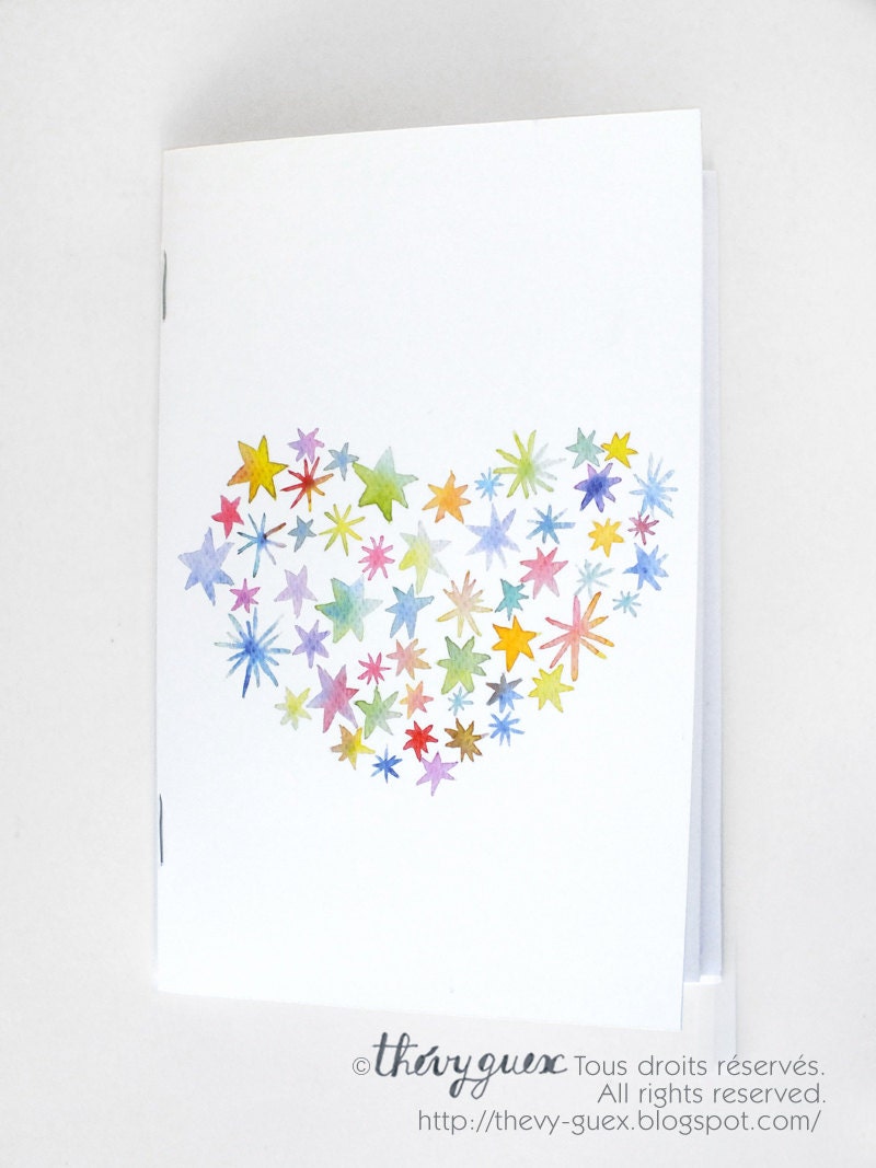Handmade Illustrated Stars Heart Notebook/Watercolor Pastel Love Notebook/Multicolor Heart Notebook