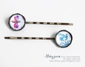 Glass Cabochons Bobby Pins/Bee and Botanical Hair Slide/ Illustrated Hair Accessory/Antique Bronze Filigree Cabochon Bobby Pin