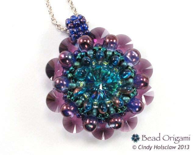 Purple and Green Crystal Dahlia Beaded Pendant