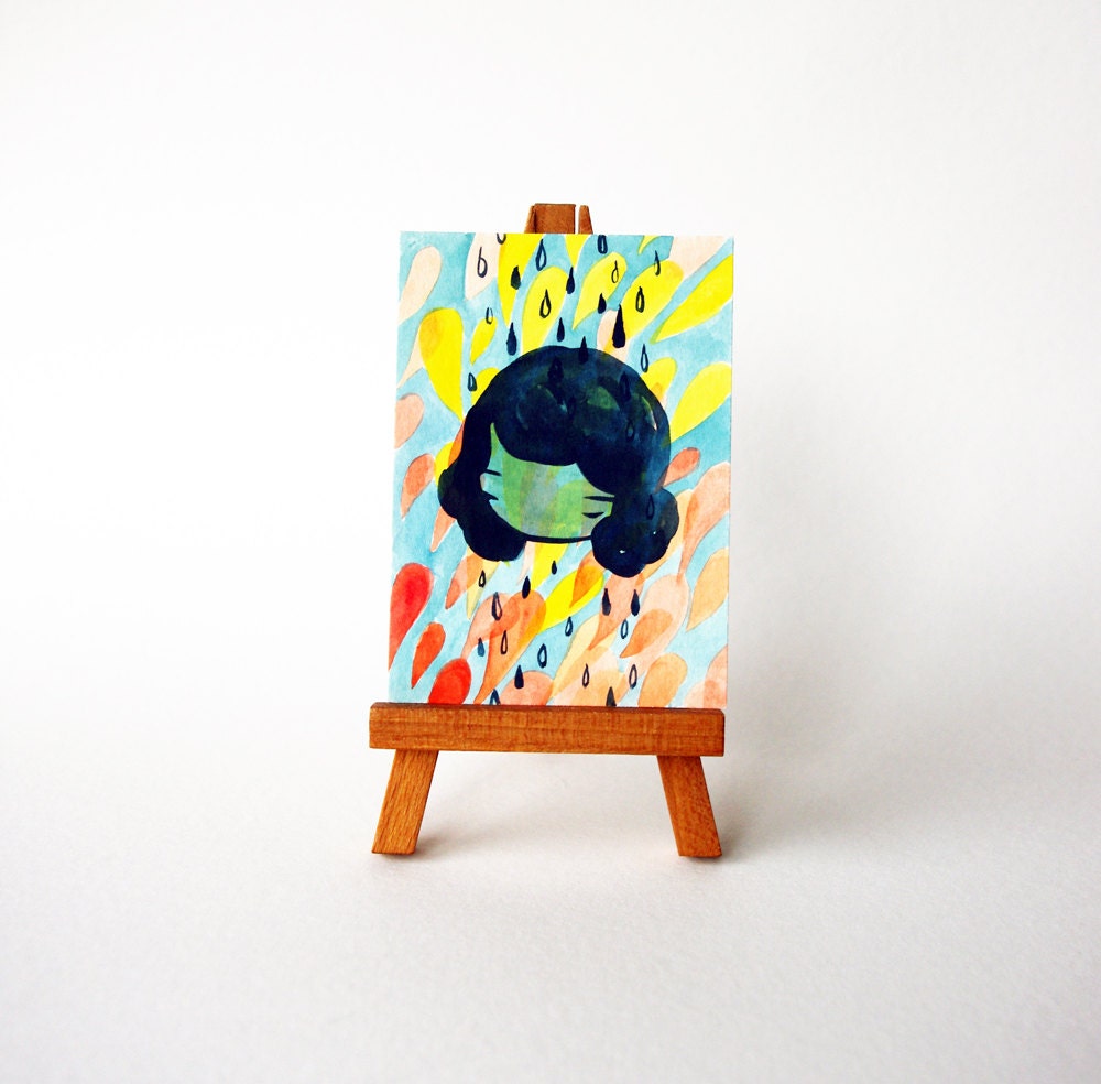 Bright Painting - Girl and abstract color field - original watercolor ACEO number 16