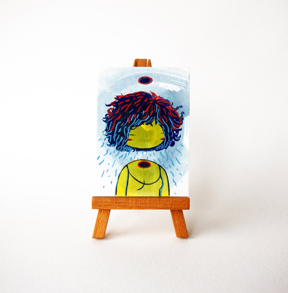 Painting Watercolor - tiny portrait of a girl with floating head - original ACEO number 18