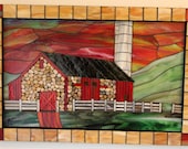 Mosaic, Stained Glass, Stone, Red Barn, Sunset, Landscape, Country, Silo