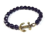 Anchor Bracelet -  Navy Blue Bead Stretchy Bracelet