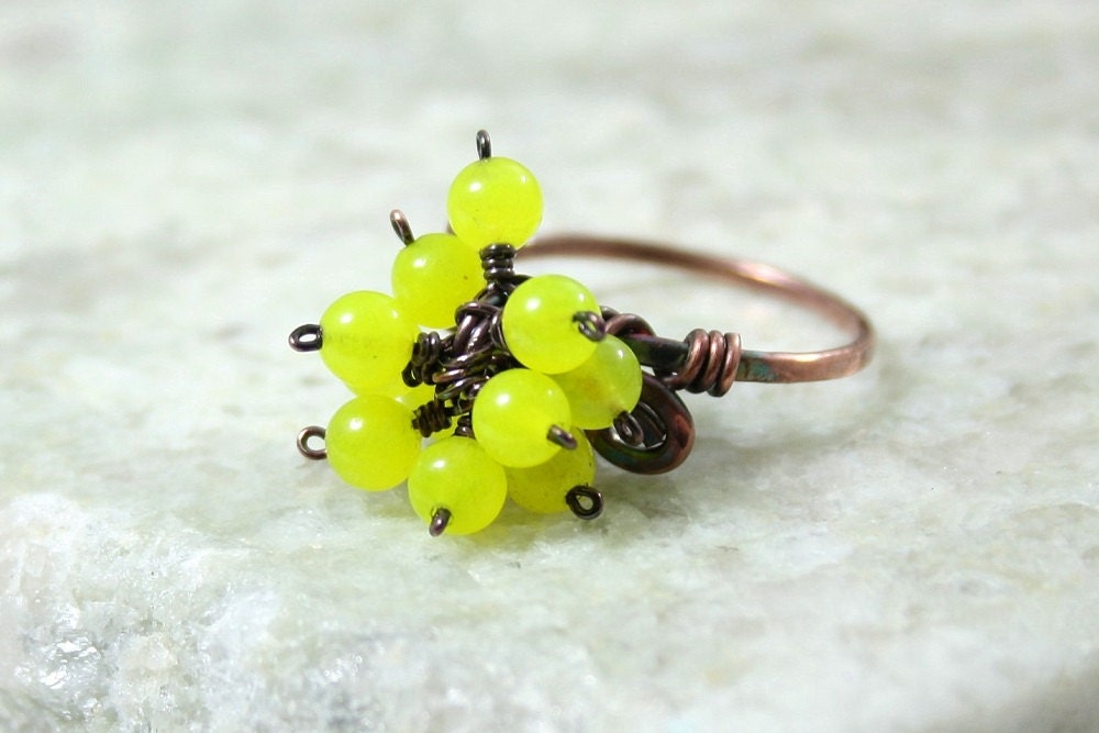 Bright Green Ring, Wire Wrapped, Neon, Green, Yellow, Jade, Gemstone, Oxidized Copper, Handmade Size 8
