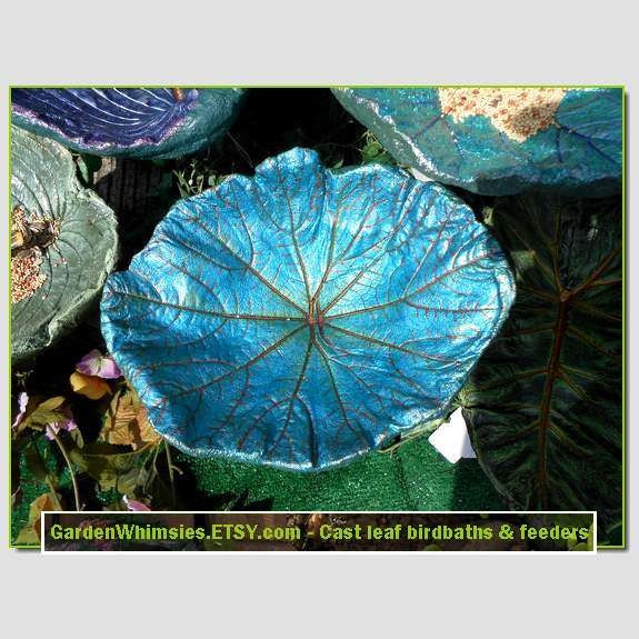 A cement leaf cast birdbath/feeder created from Gourd leaves - Royal blue, aqua, handpainted copper and highlights (Leaf No. 1474)