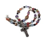 Garnet Cross Sterling Silver Necklace - Vintage pendant -  Beaded Jewel Tones - Bohemian Style - InVintageHeaven