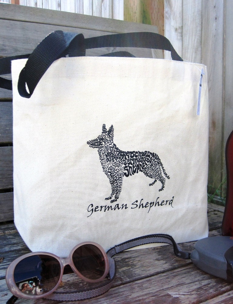 German Shepherd Art Canvas Tote Bag w Black Handles, German Shepherd Typography Calligram Screen Print on Cotton Tote Bag, Dog Art Tote Bag