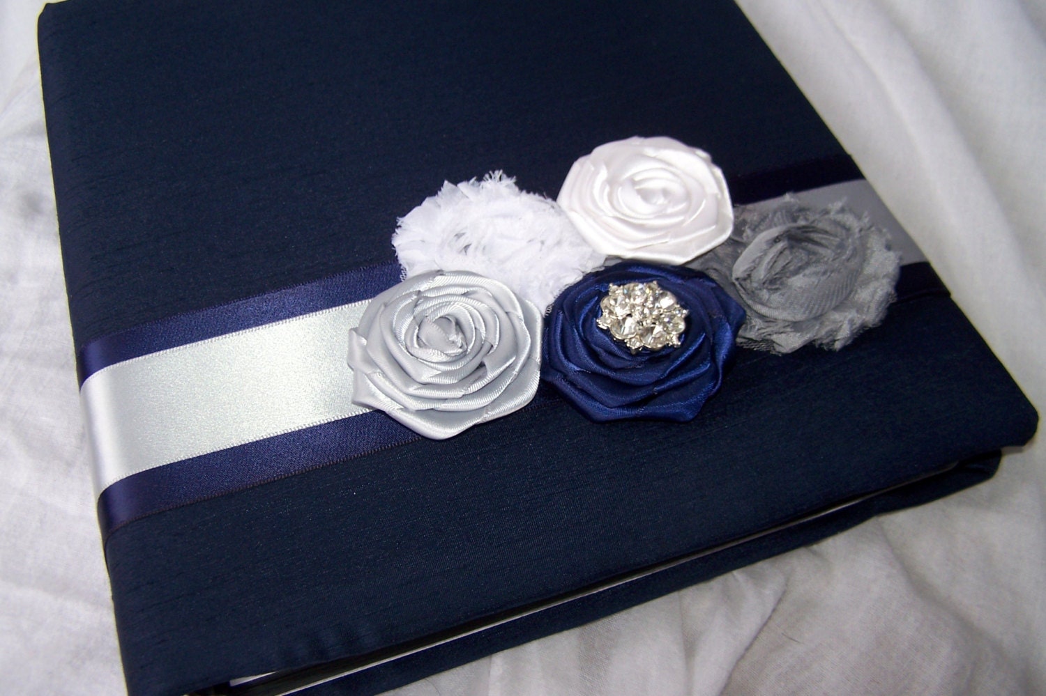 WEDDING GUEST BOOK with Photo Spot - Navy Blue  and Silver, Super Modern Shabby Style, flowers and rosettes, Custom colors available