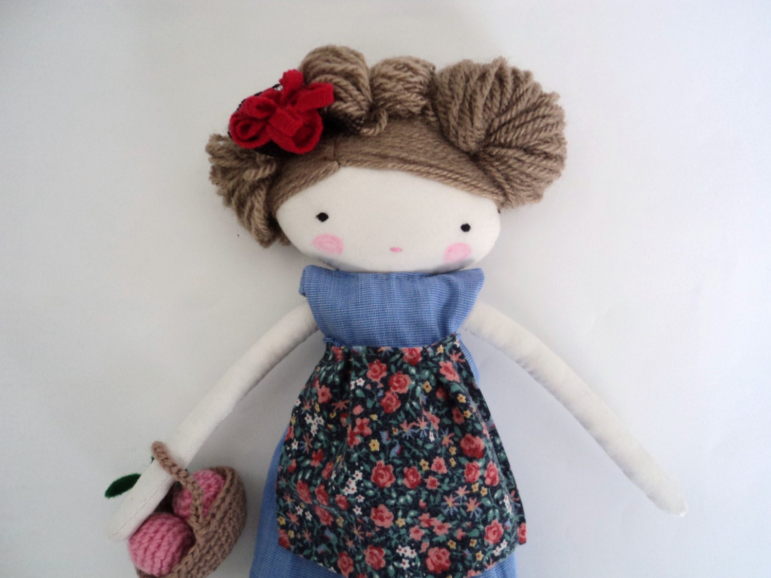 Folk rag doll - cloth art doll  folk dress with cherries basket
