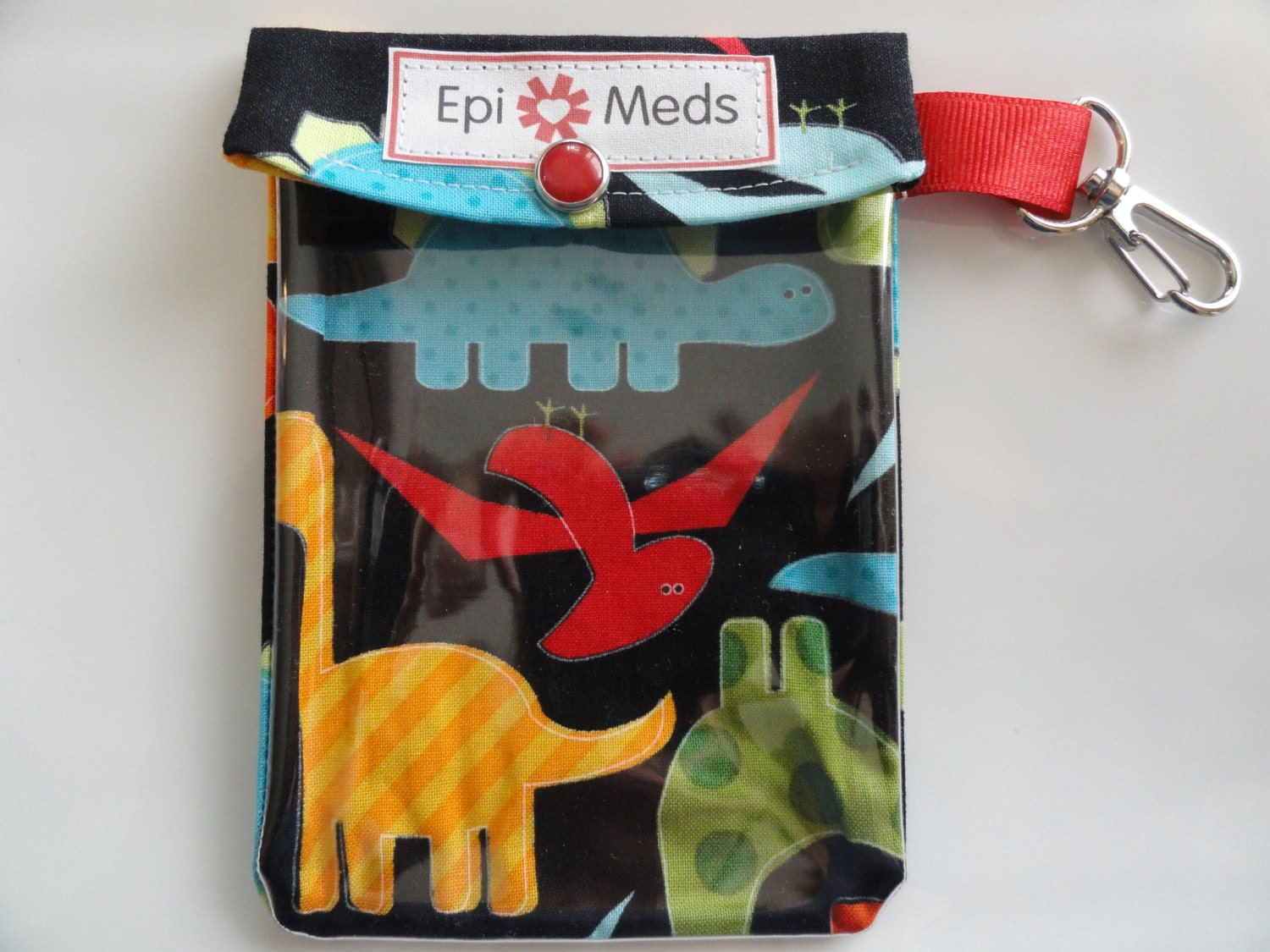 Epi Allergy Meds Pouch for Auvi Q Style Easy to View Clear Front W/ Clip Holds 1 - 2 Injectors   4x5 Dinos on Black Fabric
