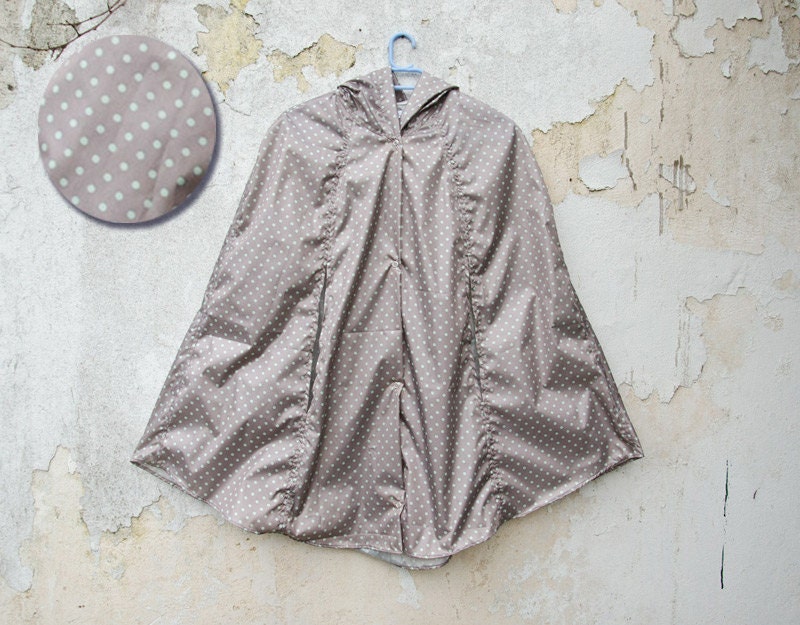Polka Dot Raincoat, Grey and Mint, Vintage Inspired Cape with Hood, Waterproof, Unisex Rain Jacket