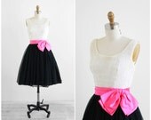 vintage 1960s dress / 60s dress / Black and White Chiffon Party Dress with Hot Pink Bow