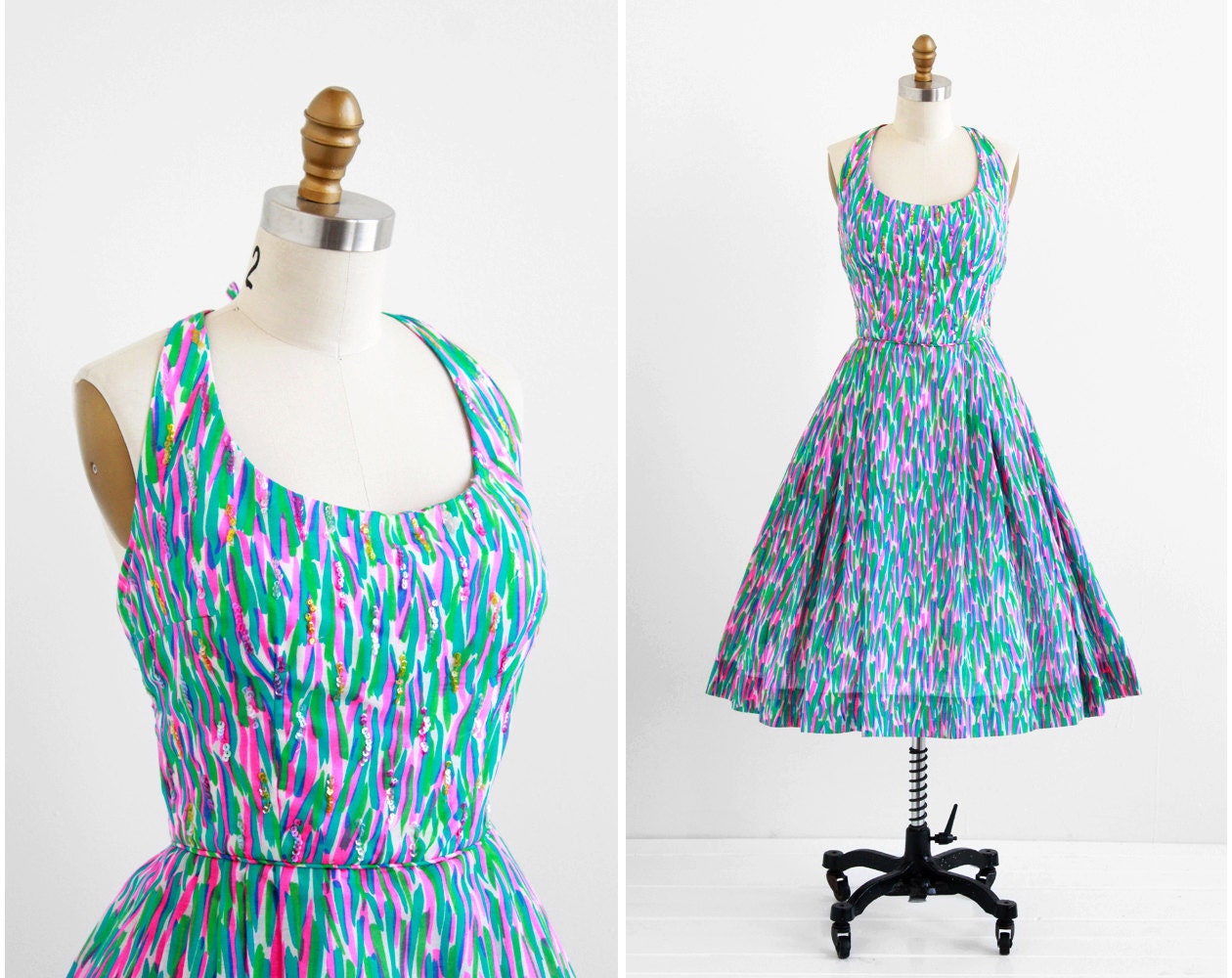 vintage 1950s dress / 50s dress / Hot Pink and Green Halter Dress with Sequins