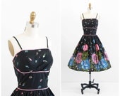 vintage 1950s dress / 50s dress / Black and Pink Painted Floral Roses Dress with Sequins