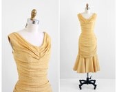 vintage 1950s dress / 50s dress / Gold Lamé Fishtail Cocktail Wiggle Dress