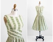 vintage 1950s dress / 50s dress / Green Cotton Tiki Print Cotton Dress Sundress