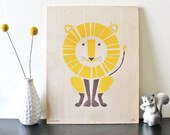 Lion Wood Print, Yellow, Jungle, Cat