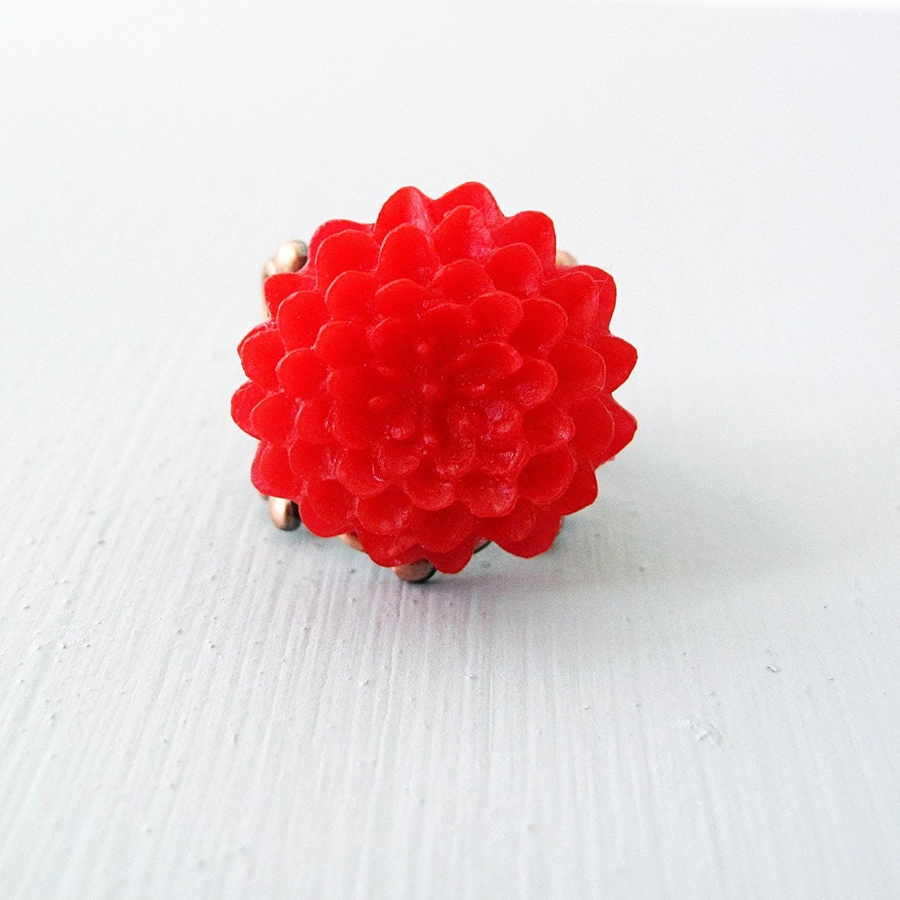 Flower Ring, Red Chrysanthemum, Adjustable Filigree Band, Antiqued Copper