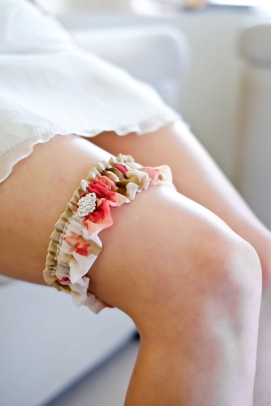 MONET silk wedding garter, floral wedding garter, gold red ivory