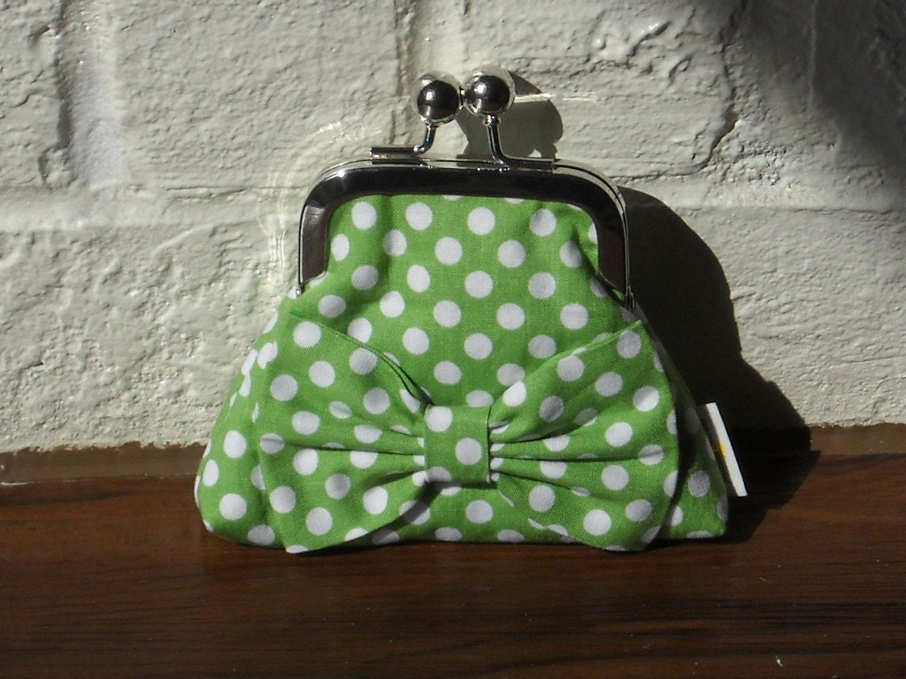 Clutch - Coin Purse - Green Polka Dot with Bow