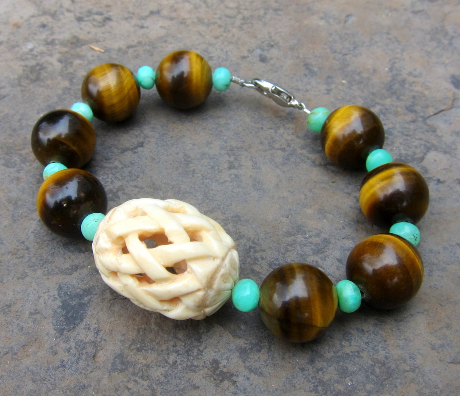 Carved Bone / Tigereye / Chrysoprase / Bracelet