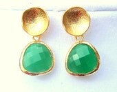 Gold Earrings with Faceted Green Chalcedony Drop / Dangles