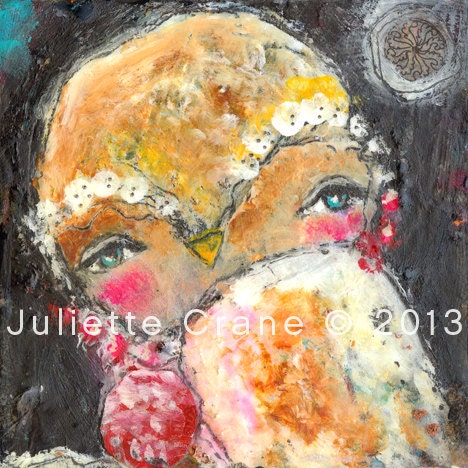 Whimsical Owl- With A Soft Heart-8x8 inch Print of a Reproduction of the Original Mixed Media Painting by Juliette Crane