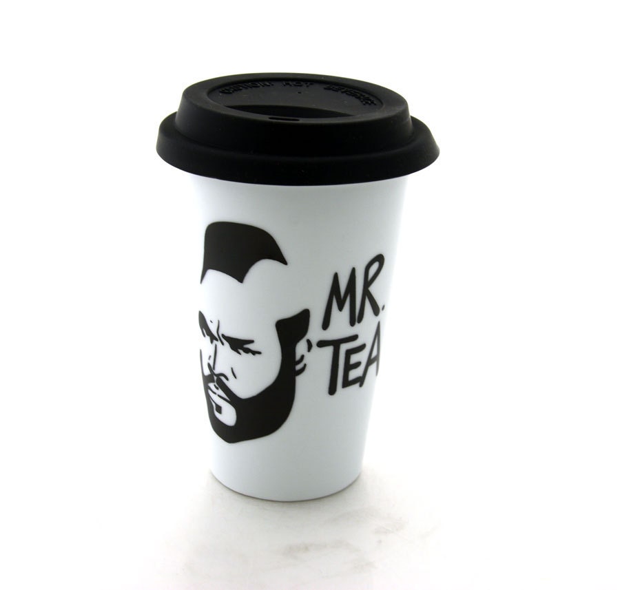 Mr T Tea Travel Mug Double Walled Porcelain Eco cup with Lid Kiln Fired