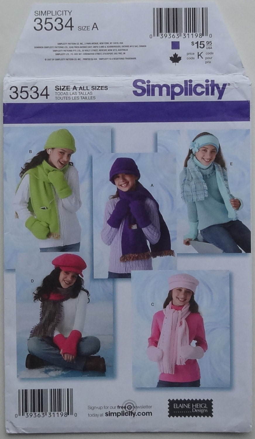 Simplicity 3534 Sewing Pattern Girls' Hats, Mittens and Scarves  UNCUT