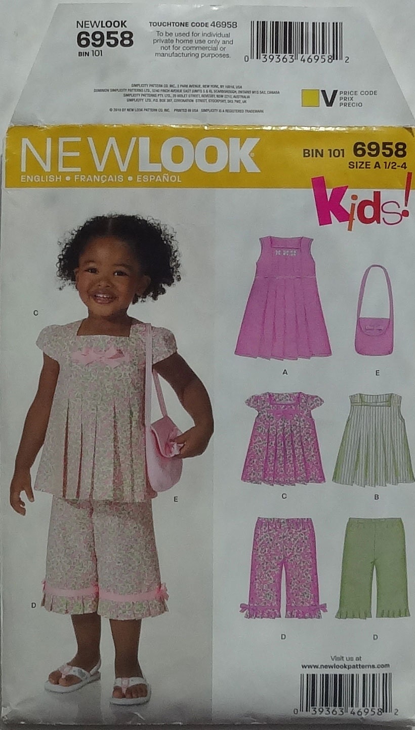 New Look 6958 Sewing Pattern Toddlers' Dress, Top, Capri Pants and Purse  Size 1/2, 1, 2, 3, 4