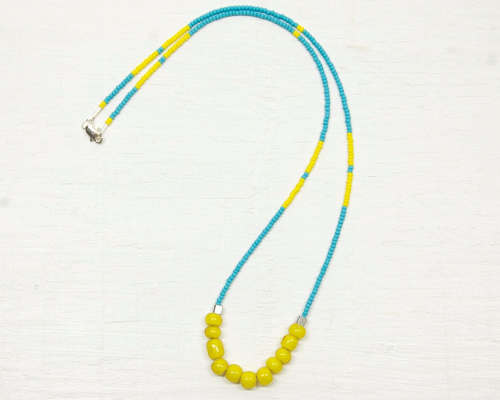 Minimal Seed Bead Necklace // Turquoise Blue and Yellow // Parker no2